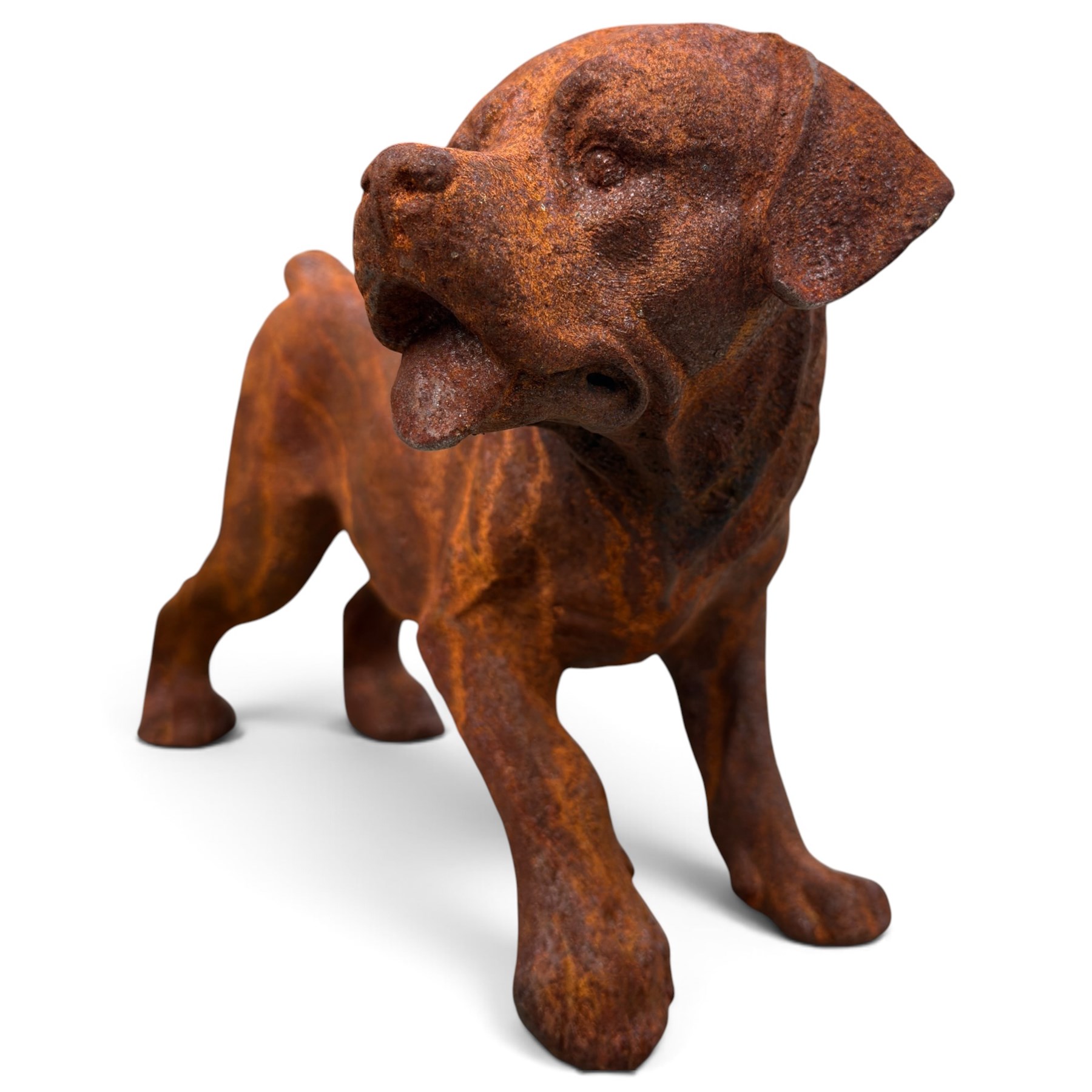 Pair of weathered cast iron garden ornaments modelled as playful Rottweiler puppies, in rusted finish