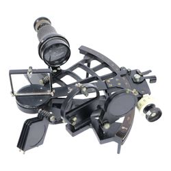 WWII Nazi German Kriegsmarine sextant by C. Plath, Hamburg, marked with impressed manufacturer’s logo, name and location, index arm stamped with Nazi eagle and swastika over Runic M, 2302, in original transit case with examine certificate by Deutsche Seewarte to the lid