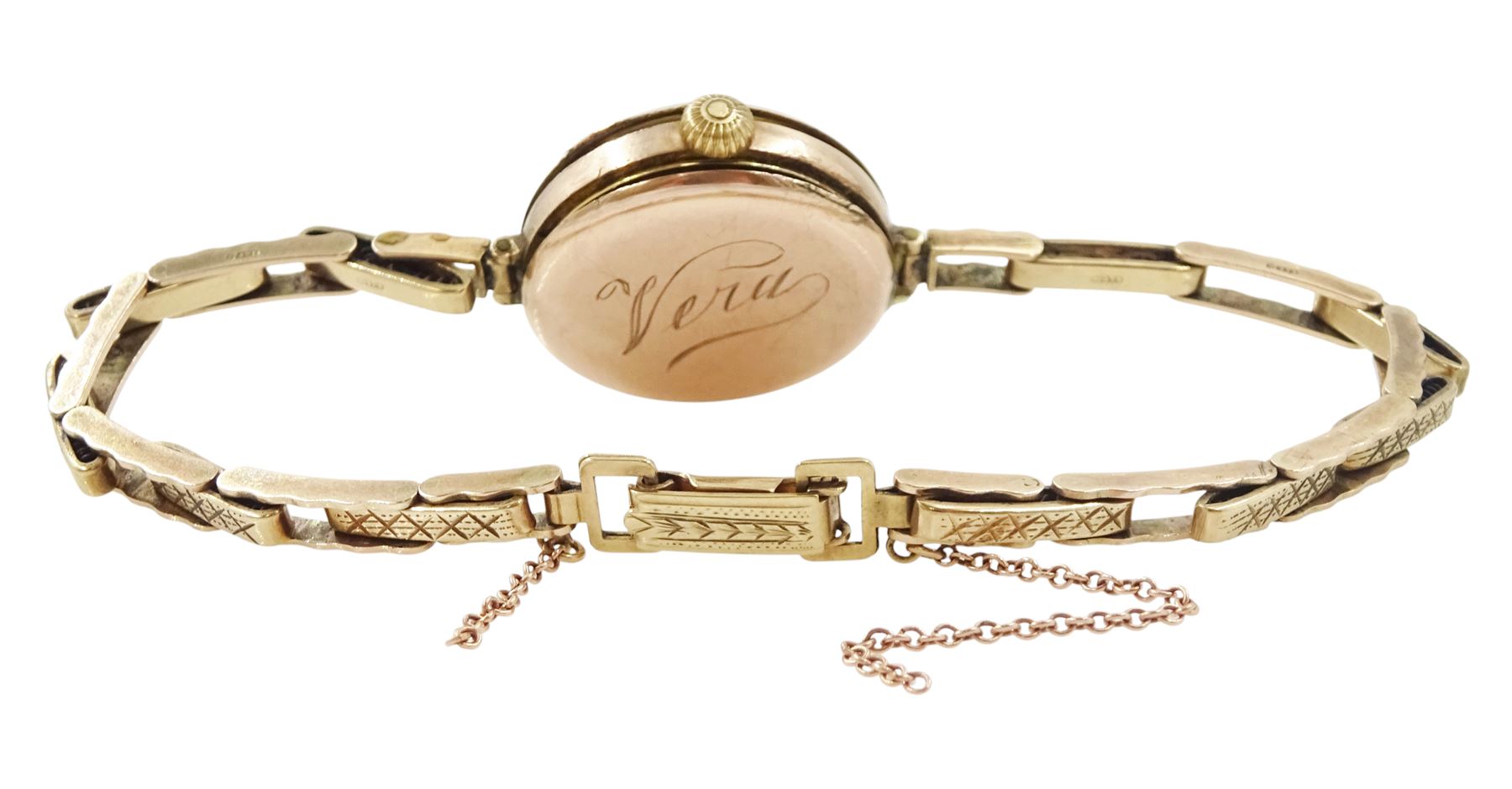 Rolex early 20th century ladies 9ct rose gold manual wind half hunter wristwatch, white enamel dial with Arabic hour markers, London import marks 1916, the back case engraved 'Vera', on later expanding bracelet, Birmingham 1960