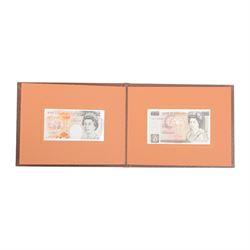 Seven Bank of England limited edition presentation pack pairs of banknotes, all with matching serial number 999966, comprising Gill five pound series D and E prefixes SE90 and A01, Kentfield five pound series E prefixes W18 and AA01, Kentfield ten pound series D and E prefixes KR30 and A01, Kentfield ten pound series E prefixes X40 and DD01, Gill twenty pound series D and E prefixes 20X and A01, Kentfield series E prefixes W35 and X01, and Kentfield series D and E prefixes E30 and A01, housed in leatherette binders manufactured by the Bank of England, 