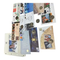 Mostly commemorative coinage, including various five pound coins, together with two stamp folders 