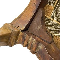 Pair of Victorian walnut side chairs, shaped cresting rail carved with acanthus leaves, overstuffed upholstered seats with stud band, on cabriole supports with scroll carved terminals