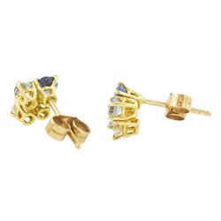 Pair of gold aquamarine, sapphire and diamond earrings, each stud set with a single sapphire, round brilliant cut diamond and two aquamarines, total diamond weight approx 0.20 carat