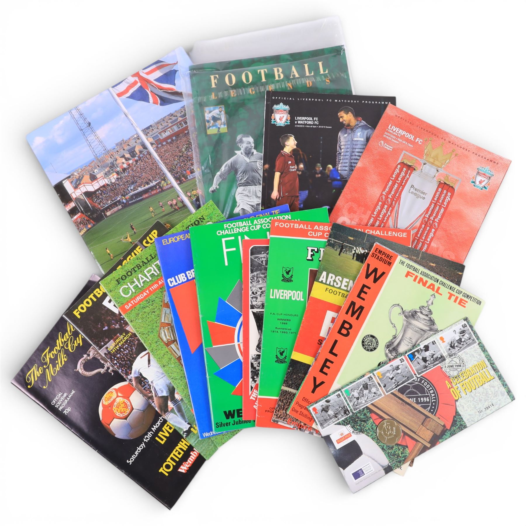 Collection of football memorabilia, including a collection of 1960s and later Football Association Challenge Cup Final and International football programmes, The Homes of Football book, 1996 Celebration of Football coin cover etc