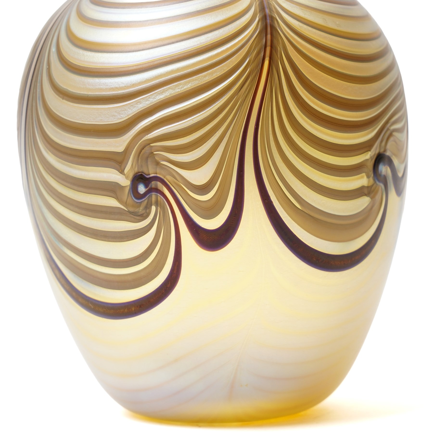 Okra art glass vase, by Richard P Golding, iridescent gold with stylised wave design, inscribed on base 'Okra 94 AG.7 No.1 R.P. Golding' H12.5cm