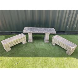 Cast stone garden bench, and two rectangular planters on plinths - THIS LOT IS TO BE COLLECTED BY APPOINTMENT FROM DUGGLEBY STORAGE, GREAT HILL, EASTFIELD, SCARBOROUGH, YO11 3TX