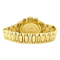 Jaguar gentleman's 18ct gold automatic chronograph wristwatch, white dial with mother of pearl subsidiary seconds dials, day-date aperture and baton hour markers, on 18ct gold bracelet, Swiss hallmarks