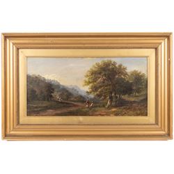 Thomas Walter Wilson (British 1851-1912): Fishermen By the River, watercolour faintly signed 16cm x 34cm;W Smith (British 19th Century): Forest Path, oil on canvas signed and dated '70, 19cm x 39cm (2)