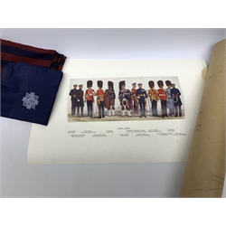 Scots Guards - set of five unframed annotated colour prints depicting the history of their uniform 1899 - 1958, each 20 x 36cm; together with regimental pullover, scarf, tie, shawl, double breasted blazer with Staybrite buttons and trousers