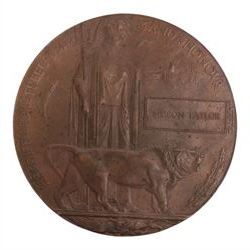 WWI death plaque awarded to Simeon Taylor, in original envelope  