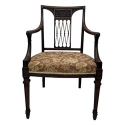Late 19th century mahogany open armchair, lattice splat back, acanthus carved arm terminals, on square tapering supports with spade feet