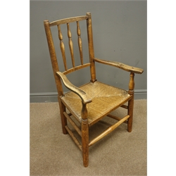  19th century elm country armchair, rushed seat, turned supports (W59cm, H99cm, D49cm), an elm rocking chair, ladder back, turned supports, and a child's beech chair  