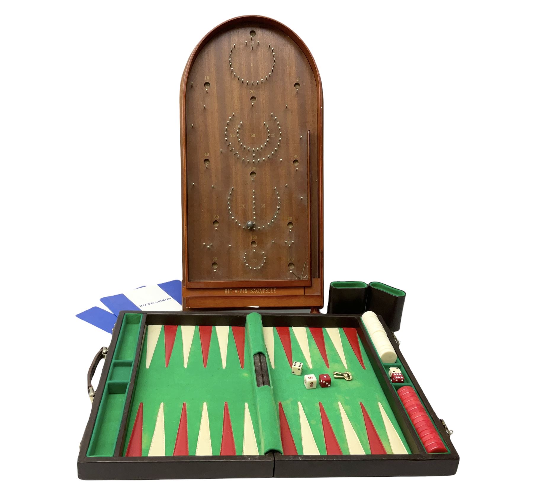 Bagatelle board and Harrods backgammon set in case