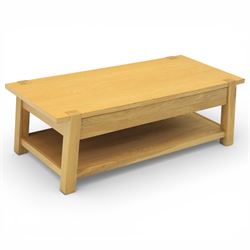 Contemporary light oak coffee table, rectangular with single draw beneath