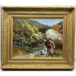 James John Hill RBA (British 1811-1882): 'Feeding Ducks - The Lyn North Devon', oil on canvas signed, original title label verso 45cm x 58cm