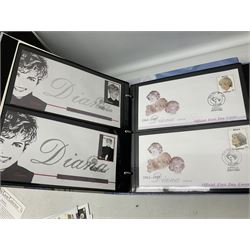 Stamps including first day covers relating to Diana Princess of Wales, small number of coin covers, Mercury 'Silk' covers, other first day covers many with printed address and special postmarks, Australia, Barbados, British Honduras, Germany, Jamaica and other World stamps, housed in albums, folders and loose, in one box