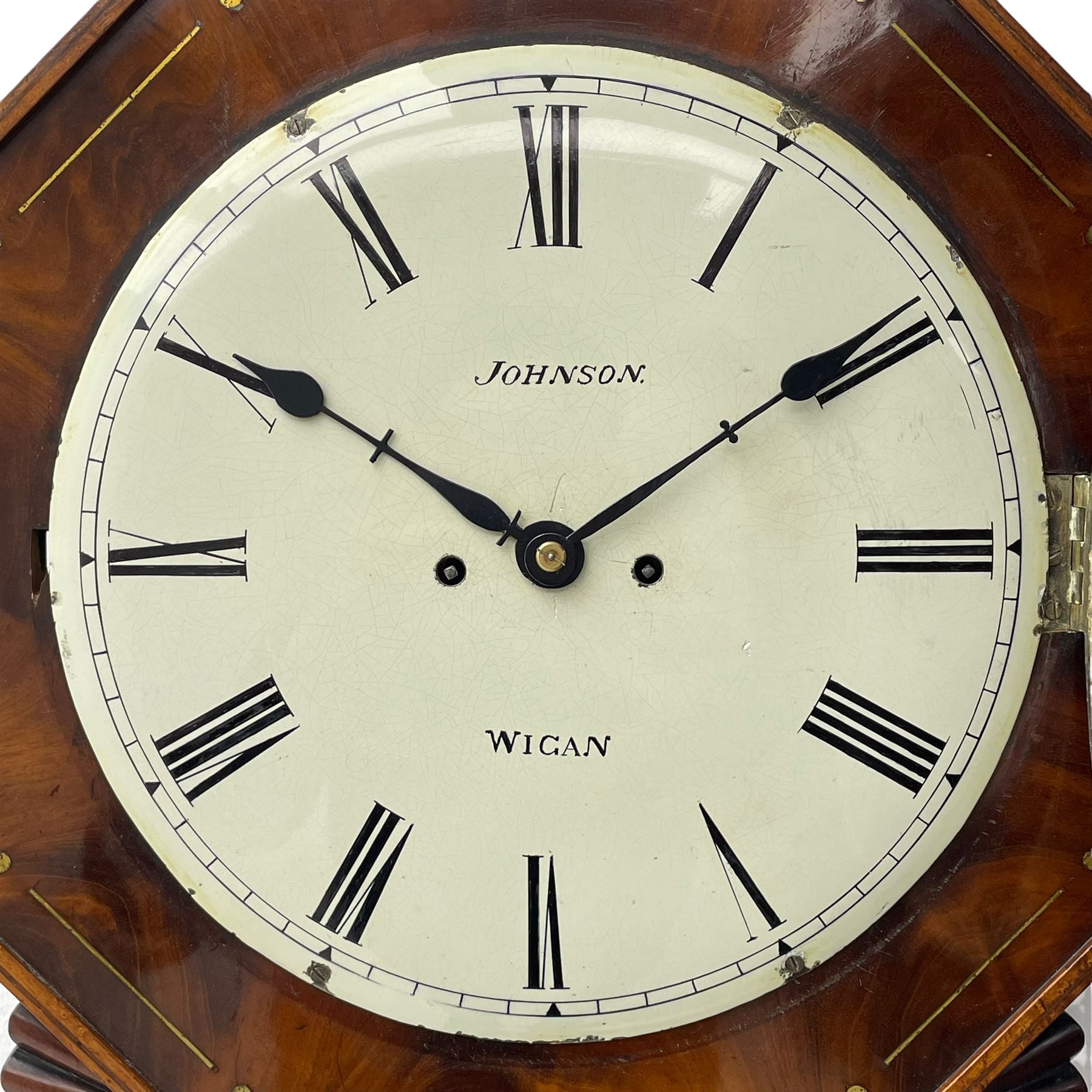 Charles Johnson of Wigan - mid-19th century twin fusee mahogany drop-dial wall clock, with an octagonal dial surround with brass inlay, carved fan ears to the glazed box with pendulum adjustment door, 12