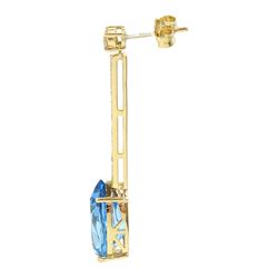 Pair of 18ct gold Swiss blue topaz and diamond earrings, each stud set with a single pear cut topaz, suspending from a row of round brilliant cut diamonds, total topaz weight approx 15.45 carat, total diamond weight approx 0.75 carat