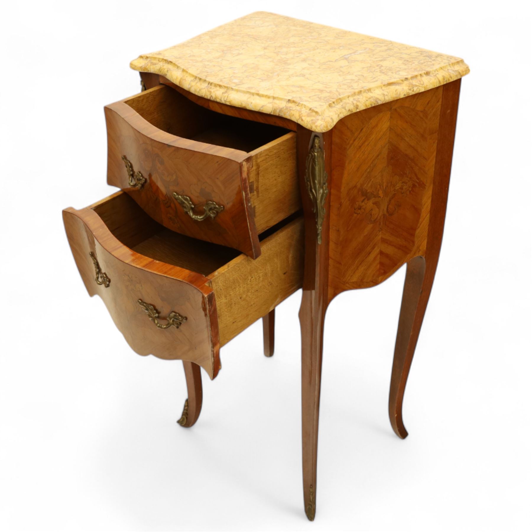 Pair of Louis XV style kingwood and marquetry bedside cabinets, the serpentine sienna marble top above two bombe fronted drawers with rococo style bronze handles and masks on slender cabriole legs terminating in bronze sabots  
