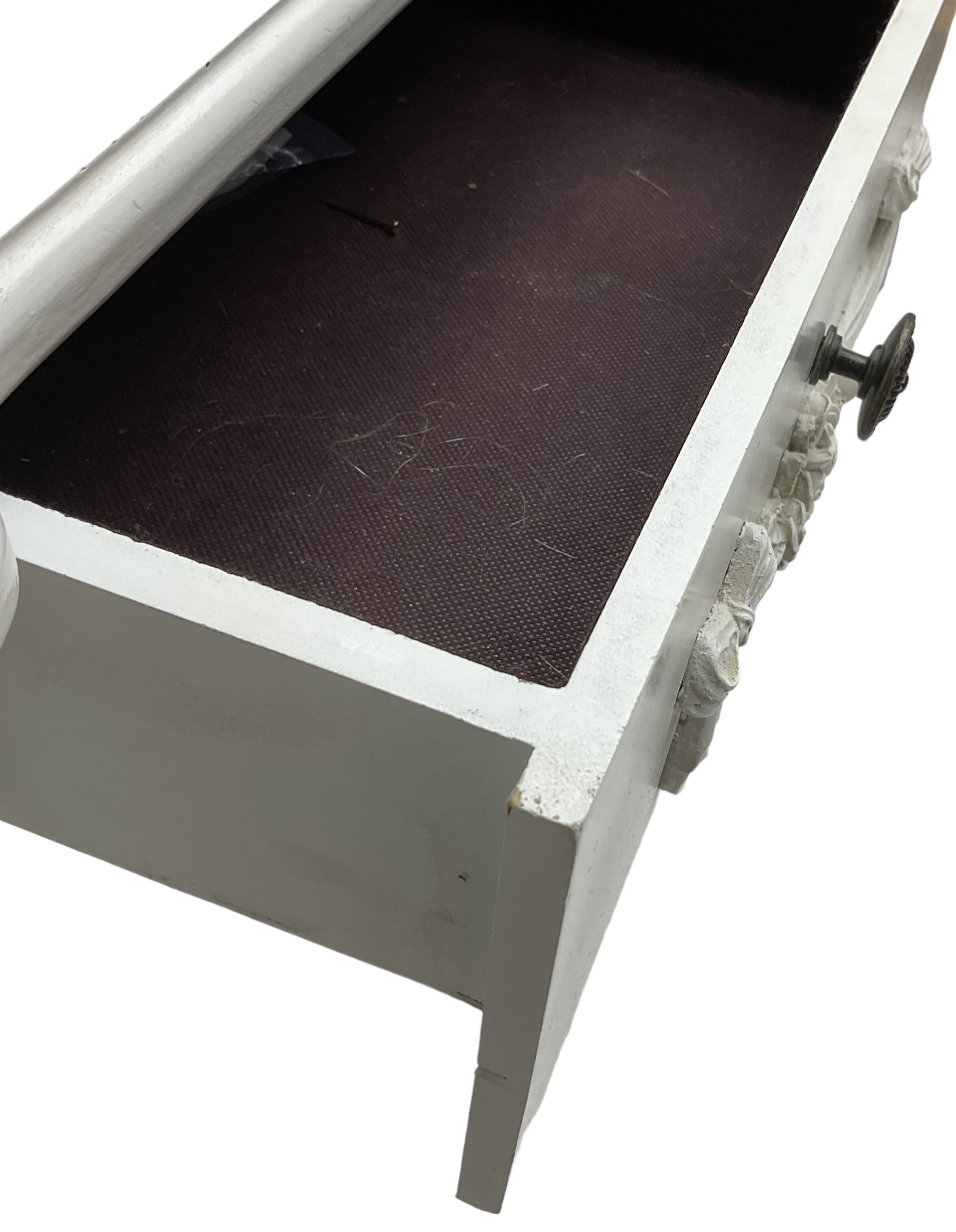 French design white painted console table, shaped top, fitted with single drawer with applied swag decoration, raised on cabriole supports decorated with foliate mouldings