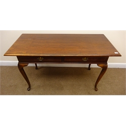 Georgian style walnut console table, two drawers, cabriole legs on pad feet (W138cm, H77cm, D64cm) and a Victorian style nursing chair (W63cm) (2)  