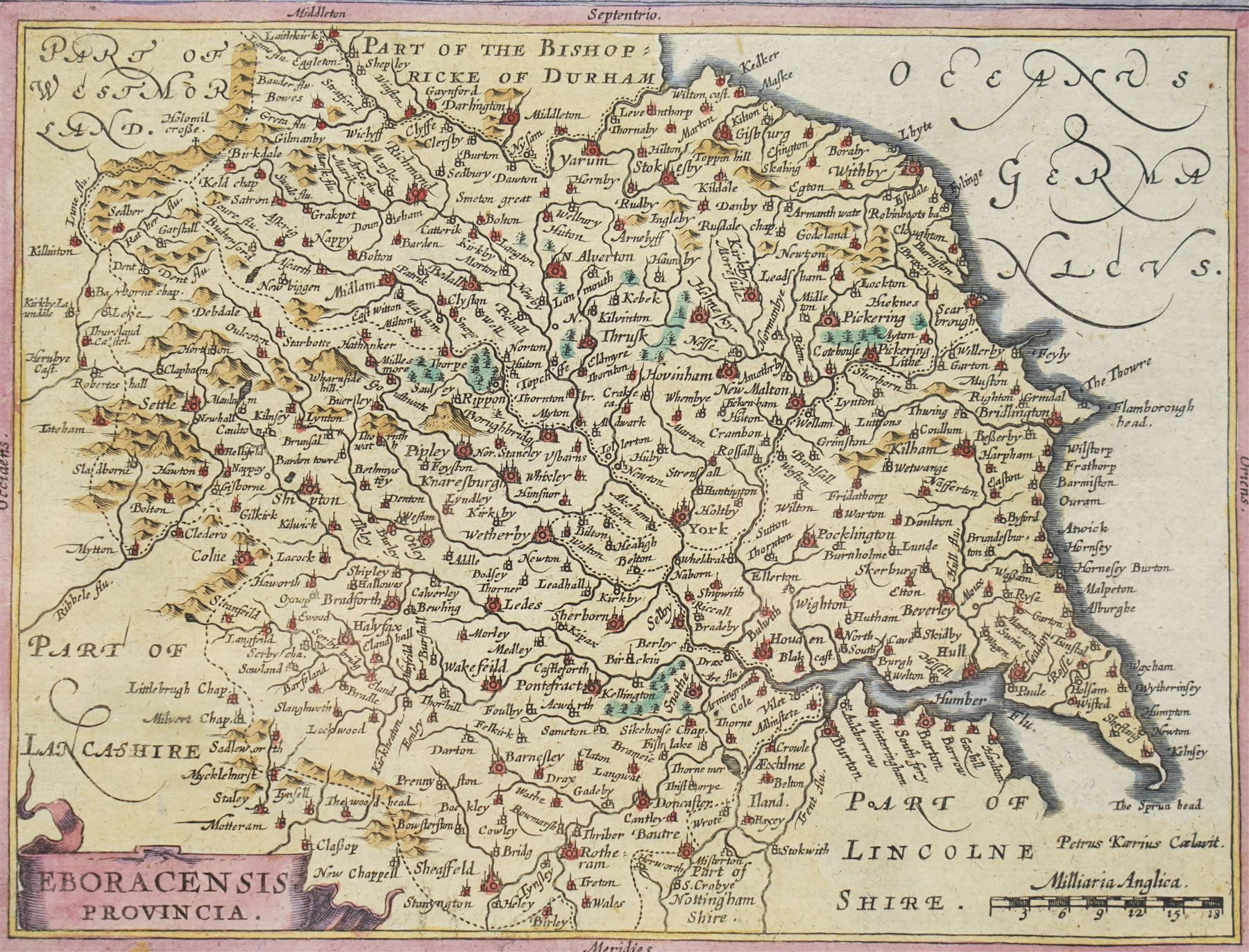 Gerard Mercator (Flemish 1512-1594) and Jodocus Hondius (Flemish 1563-1612): 'Eboracensis Provincia', 17th century engraved map with hand-colouring of Yorkshire with German text title ('Von Engelandt') from the German edition of the Atlas c.1640, 19cm x 23cm