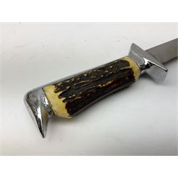German ERN Wald-Solingen Art Deco style hunting knife with 13cm Bowie type blade and chrome fittings with antler grip; in leather sheath L24.5cm overall; and Bianchi Rastignano Aeronautica Militare combat knife with 15.5cm Bowie type saw-back blade and stacked leather grip (2)