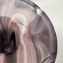 Daum glass two stemmed candle stick signed to verso, together with a pair of slag glass purple candle sticks, Daum H21cm