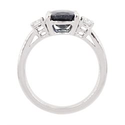 18ct white gold sapphire and diamond three stone ring, single oval cut sapphire of approx 3.00 carat, with a round brilliant cut diamond set either side, hallmarked, total diamond weight approx 0.25 carat