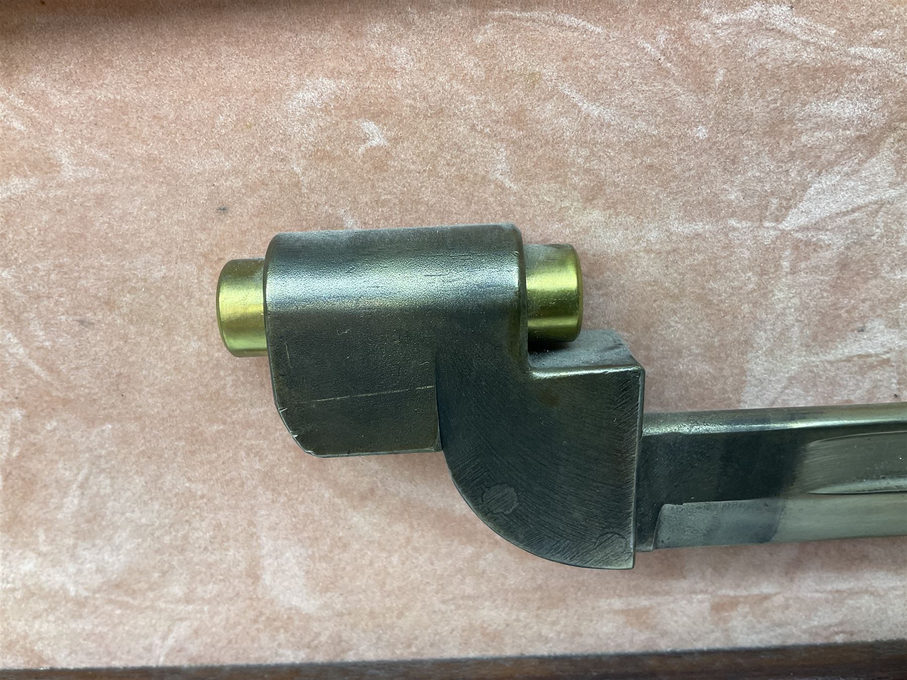 WW2 Lee Enfield No.4 Mk.1 .303 bolt-action rifle with hinged butt compartment, made by SA Ltd., Long Branch, Canada 1942, serial no.5L0646 L113cm; mounted on a framed display board with No.4 Mk.II spike bayonet, No.9 Mk.1 blade bayonet, two inert 5-round clips and brass biographical plaque by Antler Military Originals detailing DA Cert No.C3444 OLD STYLE DEACTIVATION SO FIREARMS CERTIFICATE REQUIRED OR RFD