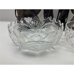 Two cut glass fruit bowls, four silver plated Indian tankards, two carved wooden elephant figures and two carved wooden Oriental figures, etc