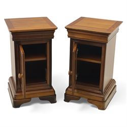 Willis & Gambier - French cherry wood bedside cabinets, each with square moulded top, frieze baize lined drawer and single cupboard door, raised on shaped plinth bases