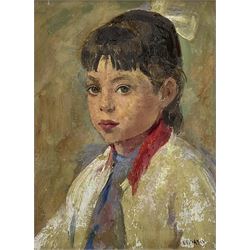 Philip Naviasky (Northern British 1894-1983): Portrait of a Young Girl with a Red Collar, oil on board signed 39cm x 29cm