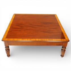 Georgian design mahogany coffee table, square top with satinwood crossbanded border above plain frieze, raised on turned and fluted supports