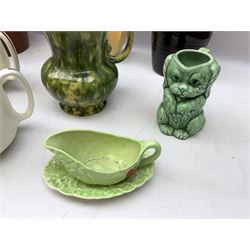 Mid century Spode Copeland 'Cutie Kitten' bowl, Crown Ducal King George VI and Queen Elizabeth Coronation Emu Wines flask with stopper, c1937, Carlton Ware sauce boat and saucer, Crown Devon and quantity of ceramic jugs etc