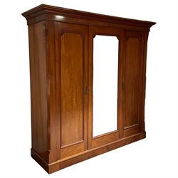 Victorian mahogany wardrobe, projecting moulded cornice over plain frieze, central mirror flanked by two panelled doors, the interior fitted with hooks and hanging rails, on moulded plinth base