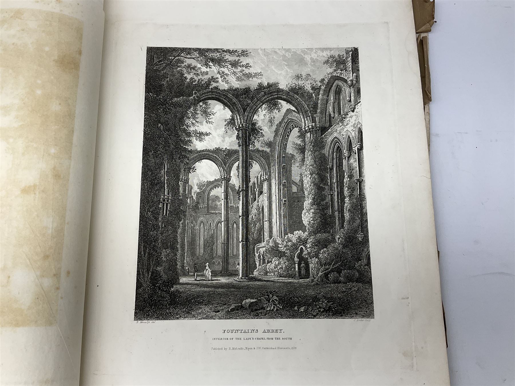 George Cuitt Jnr (British 1779-1854): 'Select parts of Kirkstall Abbey', complete set six etchings signed titled and dated 1823 in the plate, oblong folio; J Metcalf and J Carmichael (British 18th/19th century): 'Fountains Abbey Intended To Illustrate The Architecture And Pictureseque Scenery Of That Celebrated Ruin', seven etchings (one missing) pub. 1832 with Historical and Architectural Description by T Sopwith, oblong folio; Augostino Aglio (Italian 1777-1857): 'Sketches of the Interior & Temporary Decorations in Woolley-Hall Yorkshire', complete set 22 lithographs dated 1821, pub. by the artist, oblong folio max 54cm x 37cm (3)
