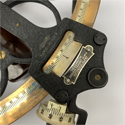 Mid-20th century Heath & Co Hezzanith sextant with black crackled framework and bakolite handle, the brass arc with silvered scale, endless tangent screw and rapid reader, no. P137, in original fitted mahogany box marked Cooke Hull to the paxolin lid, examination certificate dated 1945, various accessories, manuscript biographical note from original owner and other paperwork, box L28cm