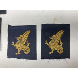 Royal Arms cloth arm adge as worn by Regimental Serjeant-Majors in Foot Guards; naval cap badge; WW2 Commando/Special Forces cloth badges; Home Guard and LDV shoulder titles; and other cloth badges including armoured division, 45th and 77th division, 52nd Lowland Mountain division etc; and 24th Infantry Brigade airmobile pennant
