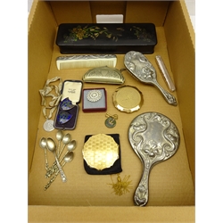  19th century Japanese lacquer glove box, Royal Navy lapel badge, Art Nouveau style dressing table set, two shield shaped enamel badges with monogram, Stratton powder cases etc in one box  