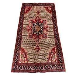 Persian Hamadan rug, pale brown ground field with central floral medallion and matching spandrels, repeating geometric design guarded border