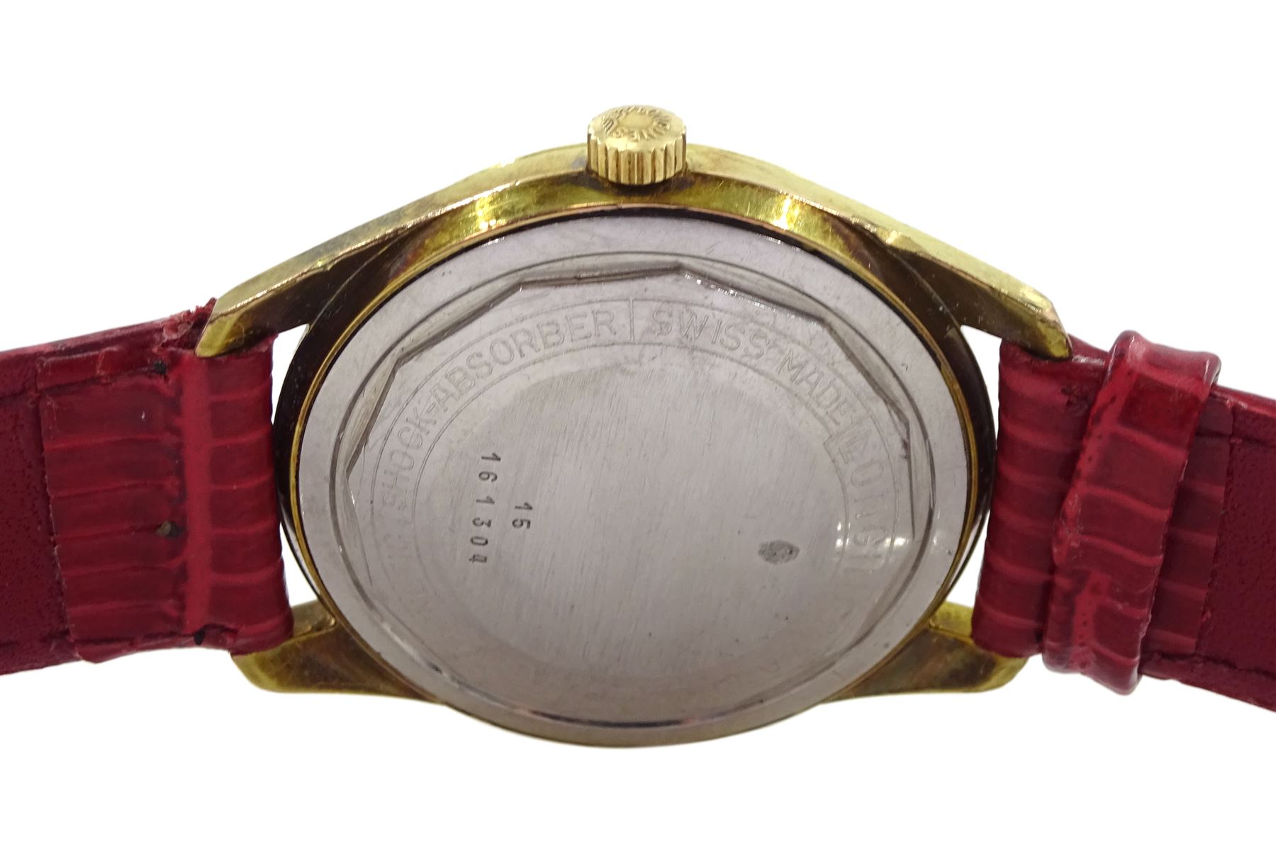 Longines Admiral gentleman's gold-plated automatic wristwatch, silvered dial with day/date aperture, on red leather strap
