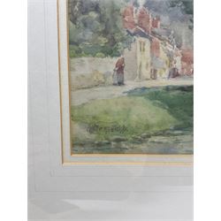Lester Sutcliffe (British 1848-1933): Figures in a Riverside Village, watercolour signed 26cm x 20cm