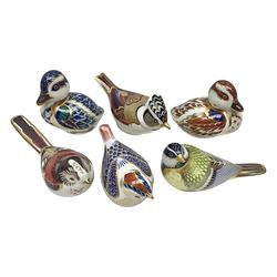 Six Royal Crown Derby paperweight birds, including Long Tailed Tit, Crested Tit, Swimming Duckling, Great Tit, Blue Duckling, Wren etc