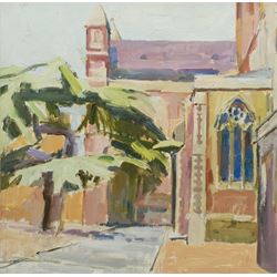 Pamela Chard (British 1926-2003): St Alban's Cathedral from the East, oil on canvas unsigned 52cm x 52cm
Provenance: studio collection of the late William Chard, the artist's husband
Notes: Chard was a British artist and teacher married to fellow artist William Chard (1923-2020). The couple met at the Redfern Gallery in Cork Street, London, and went on to study under several important artists  such as Henry Moore, Ceri Richards, and Vivian Pitchforth. They were both active members of 'The Arts Council of Great Britain', and exhibited with the London Group and Drian Gallery.