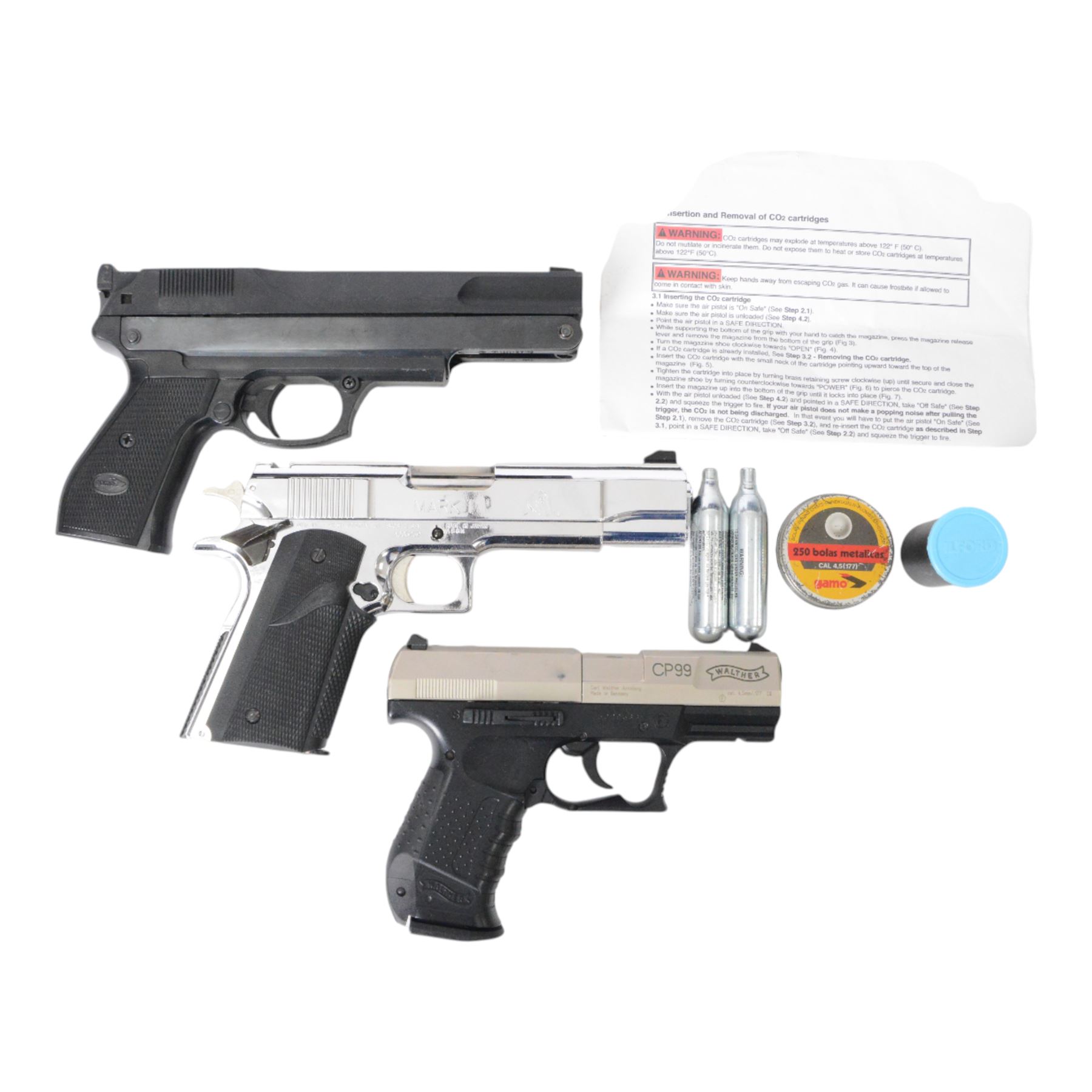 Walther CP99 air pistol, serial no J50295837,  together with Grizzly Win Mag Jr. air pistol and one other air pistol 