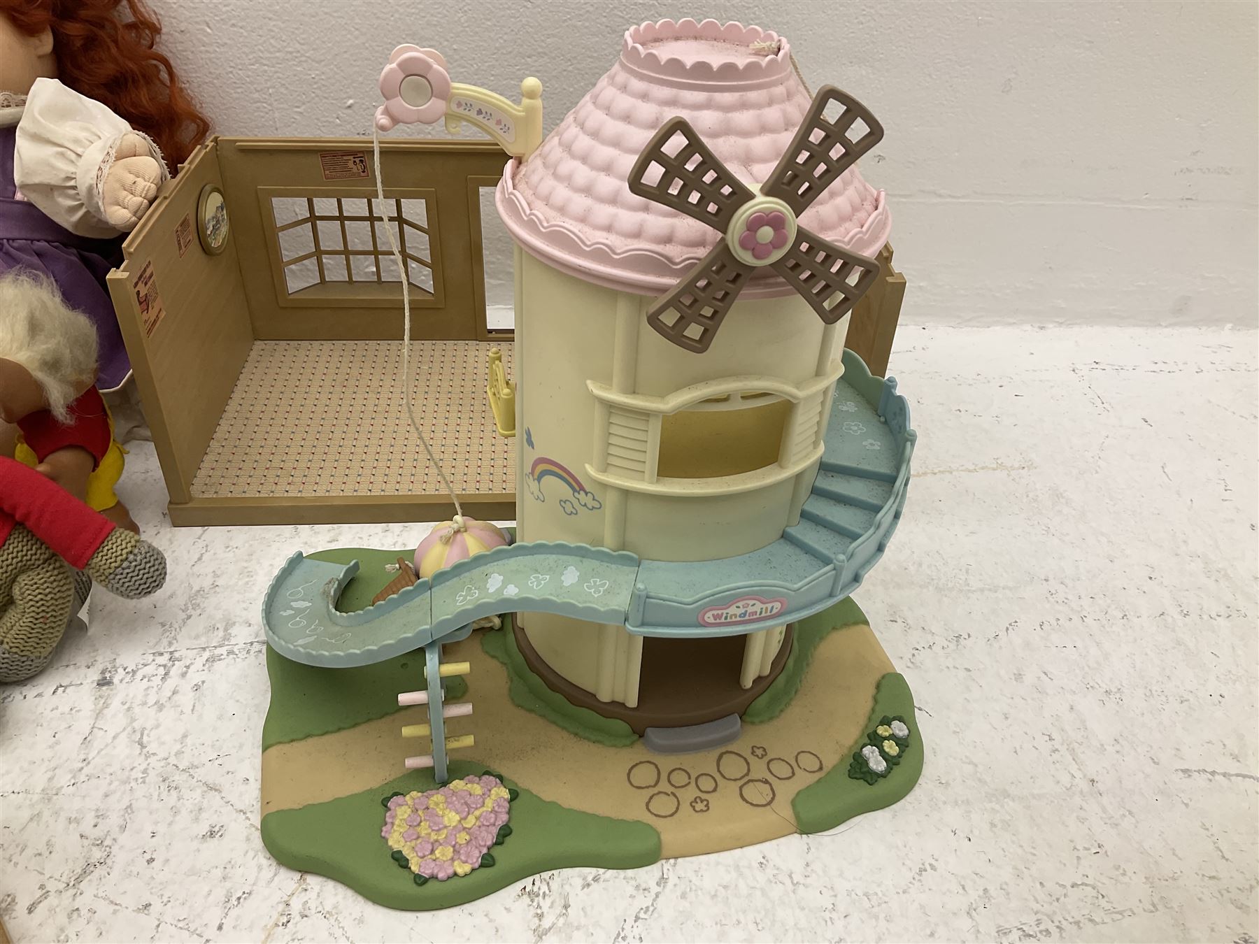 Quantity of stuffed toys and dolls to include Teddy Ruxpin, Cabbage Patch, Troll doll, and a quantity of plastic toys including Sylvanian Families Country School etc, in two boxes