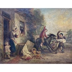 John Anthony Puller (British 1799-1886): The Stubborn Donkey outside 'S Brown's Greengrocer', oil on canvas signed 19cm x 24cm 