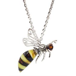 Silver Baltic amber honey bee pendant necklace, stamped 925, retailed by Whitby Jet Store with receipt