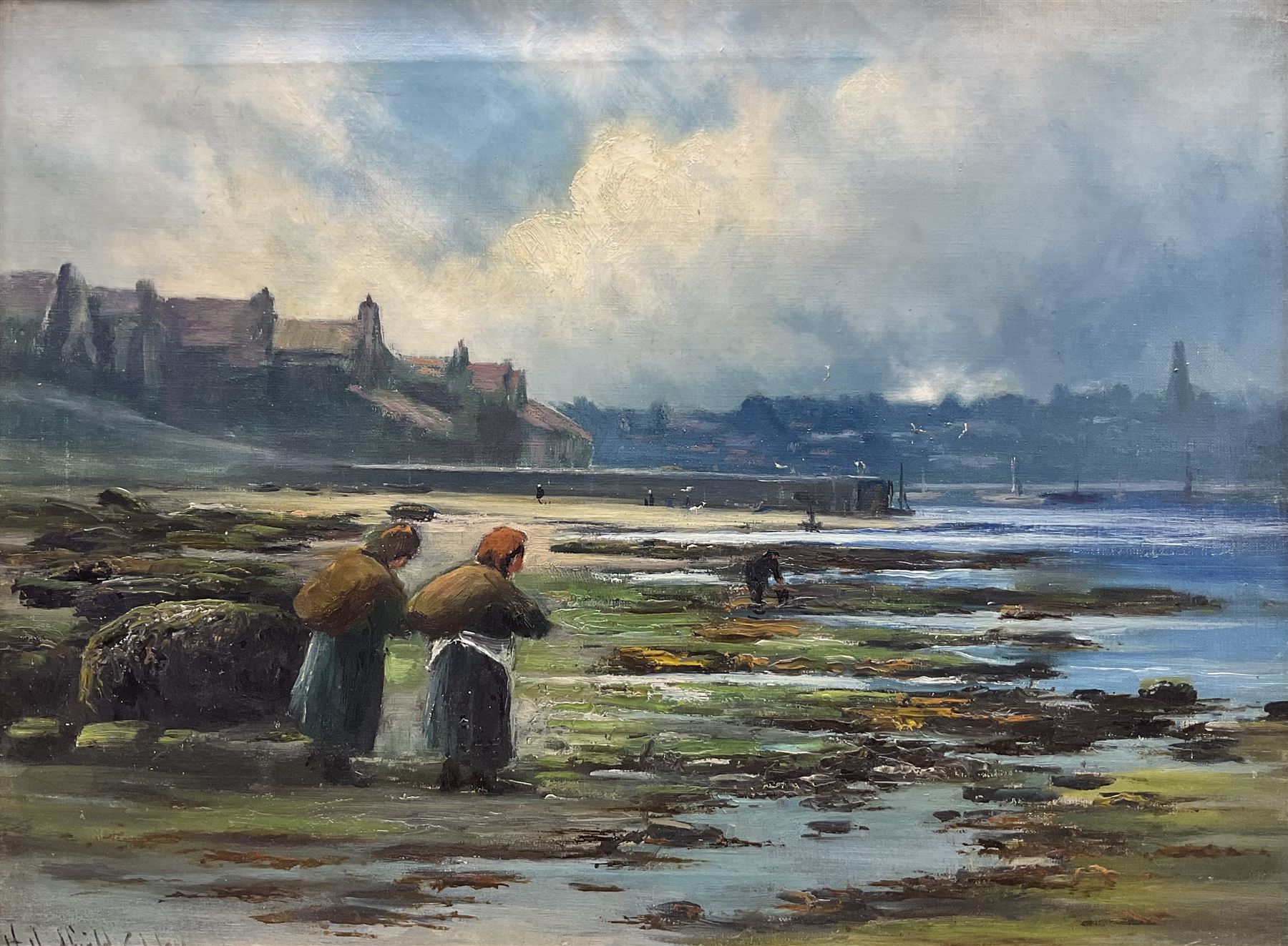 Henry Hadfield Cubley (British 1858-1934): 'Mussel Gatherers - Whitby', oil on canvas signed, titled and dated 1919 verso 44cm x 59cm